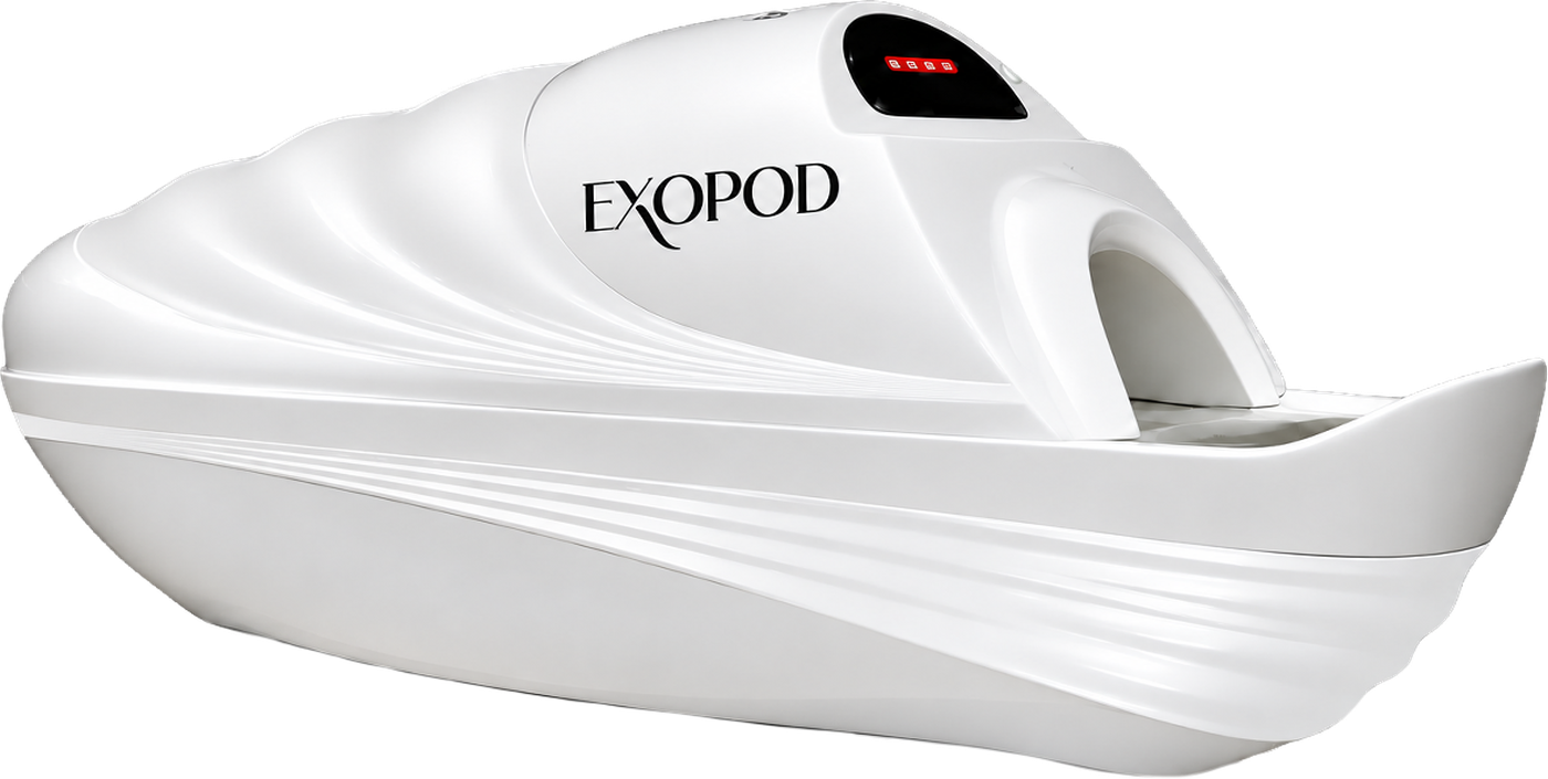 The ExoPod wellness capsule: a white clamshell pod with a control panel on the lid and an opening for the head